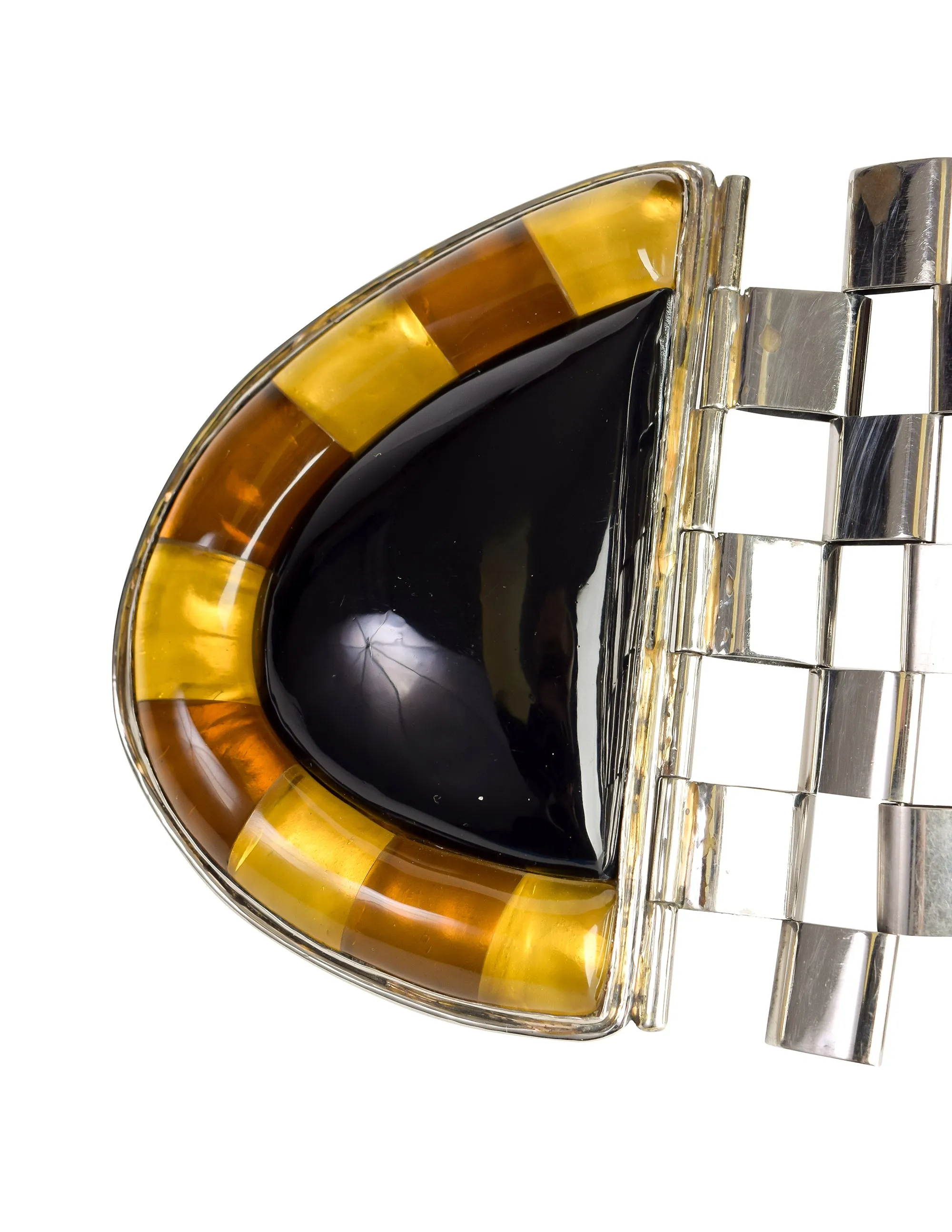Perez Sanz Vintage Black Yellow Poured Resin Alpaca Silver Statement Box Link Belt