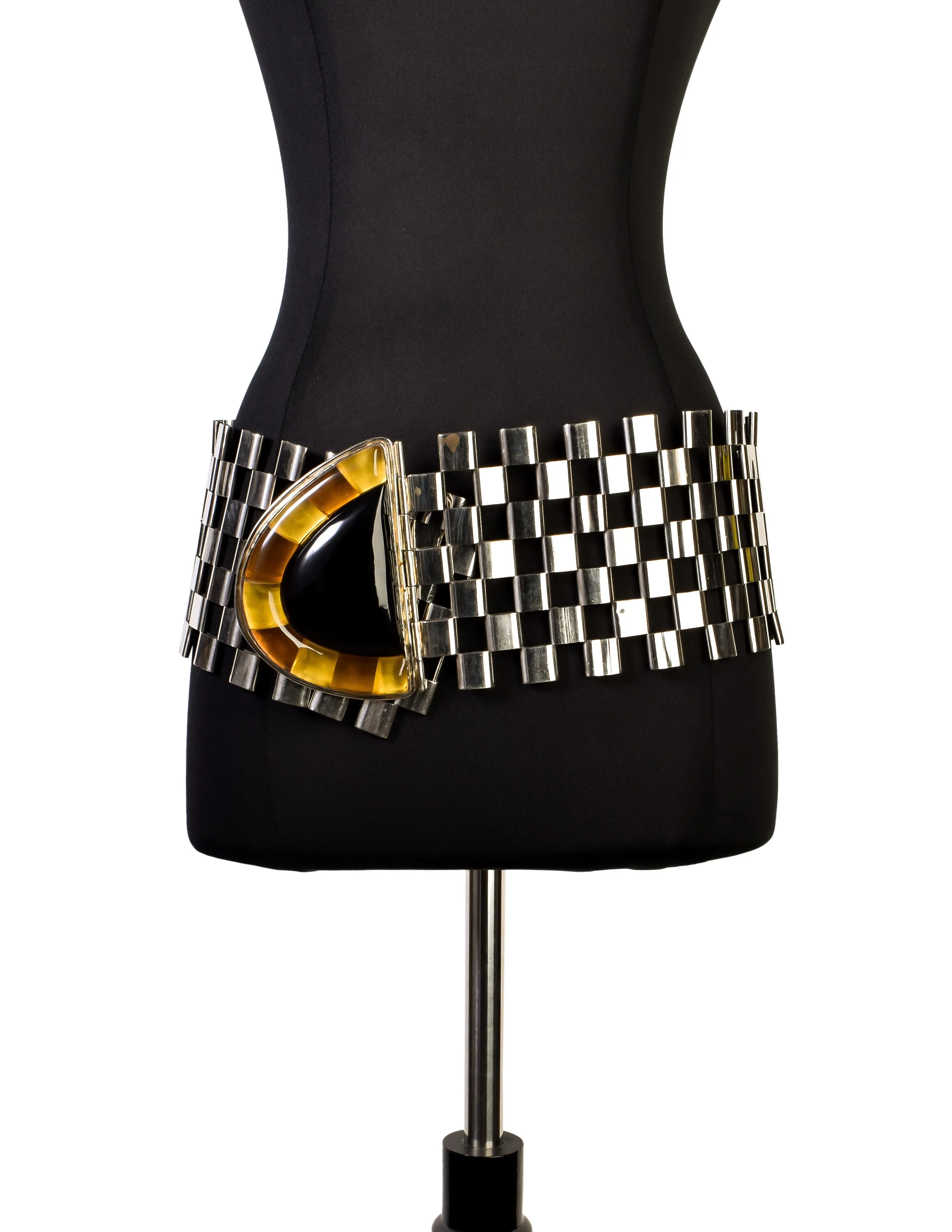 Perez Sanz Vintage Black Yellow Poured Resin Alpaca Silver Statement Box Link Belt