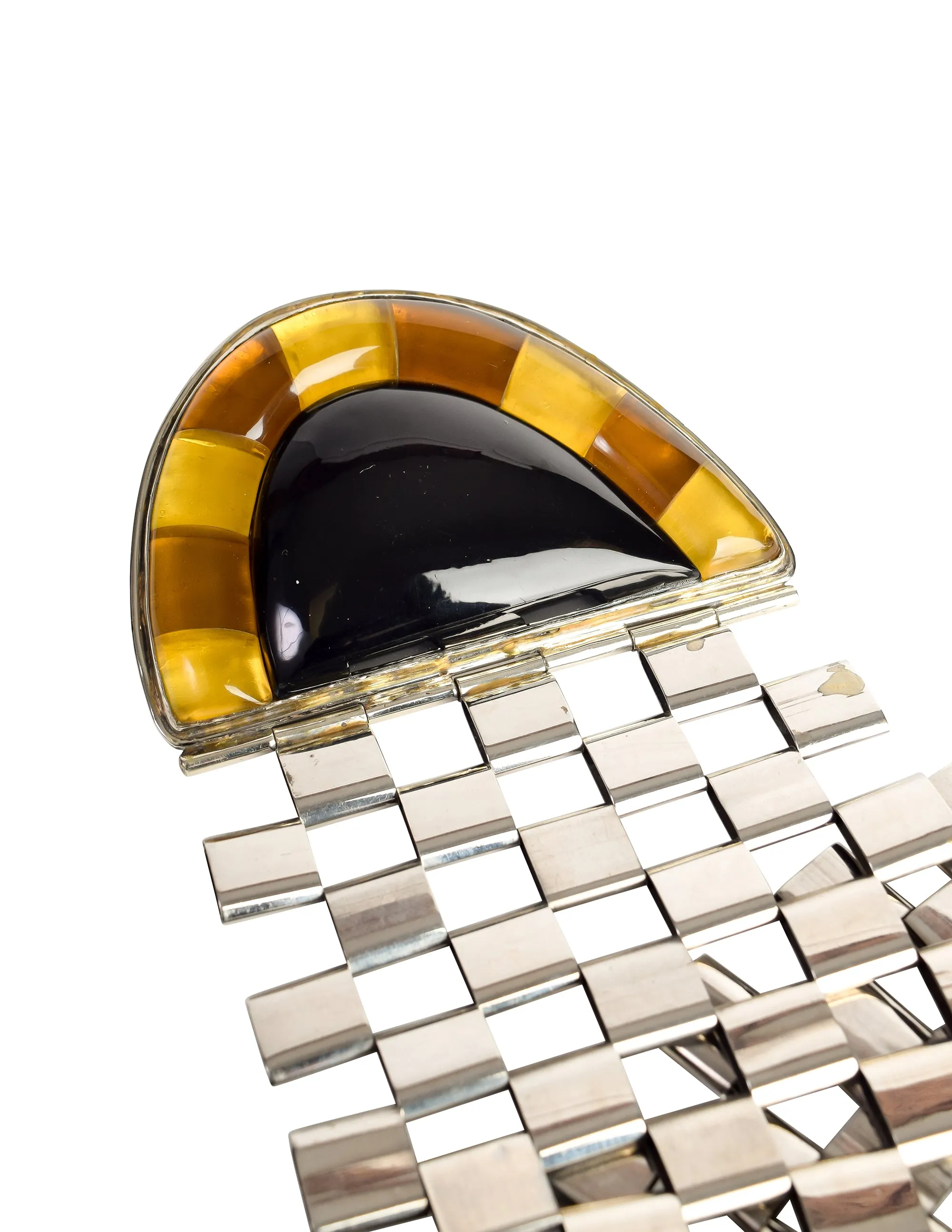 Perez Sanz Vintage Black Yellow Poured Resin Alpaca Silver Statement Box Link Belt