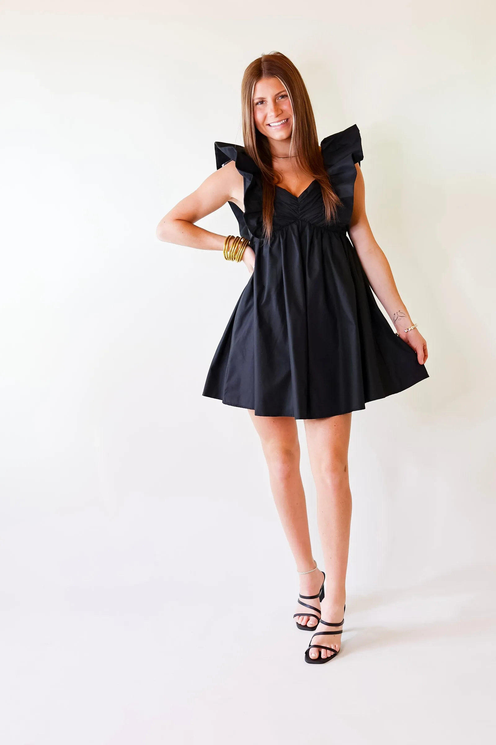 Pixie Perfect Ruffled Sleeve V Neck Dress in Black