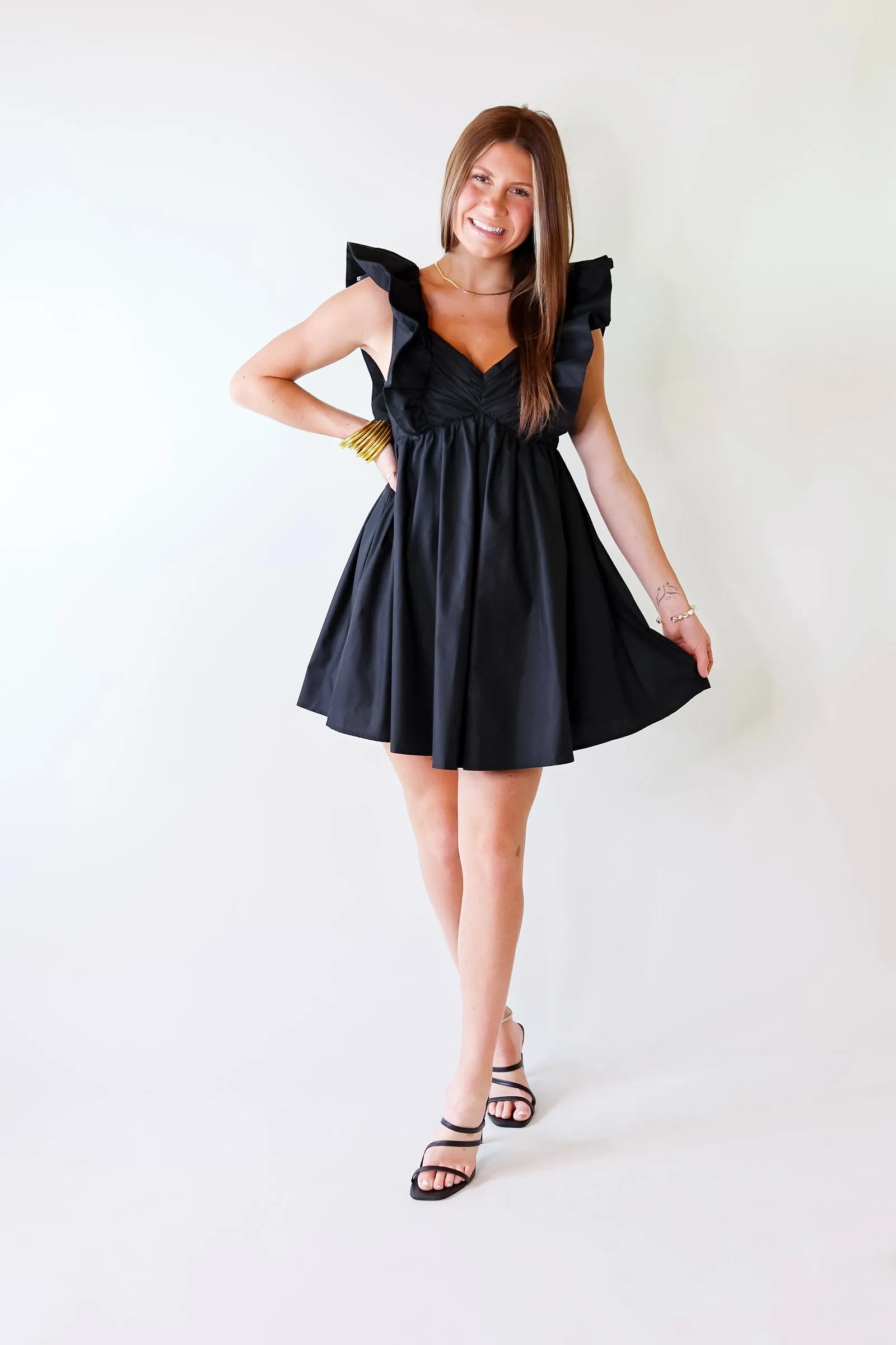 Pixie Perfect Ruffled Sleeve V Neck Dress in Black