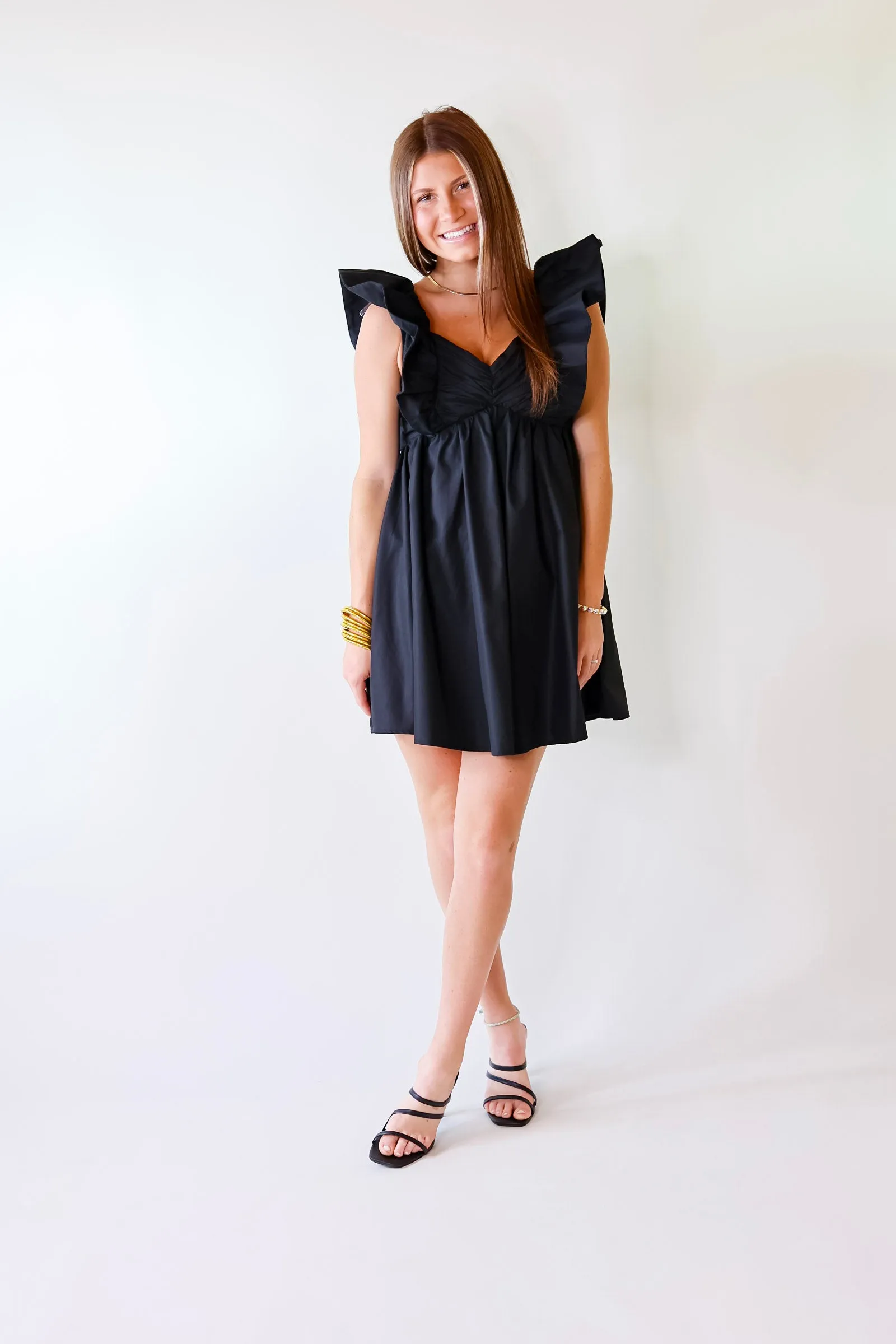 Pixie Perfect Ruffled Sleeve V Neck Dress in Black