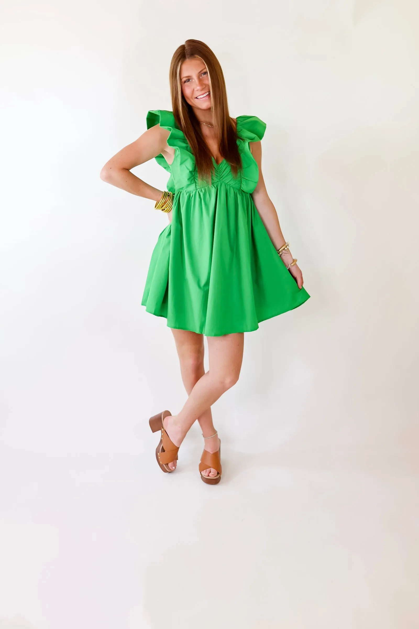 Pixie Perfect Ruffled Sleeve V Neck Dress in Green