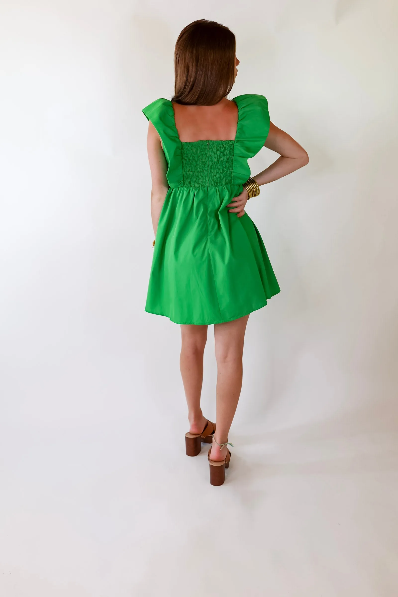 Pixie Perfect Ruffled Sleeve V Neck Dress in Green