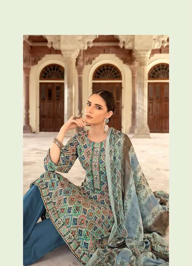 Printed Blue Pashmina Winter Unstiched Ladies Suits Material