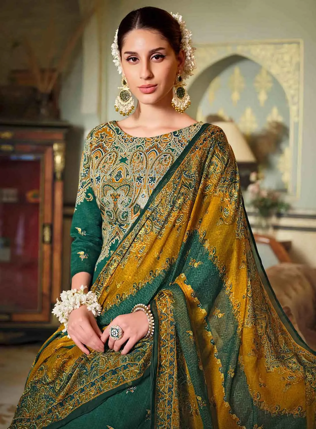 Pure Cotton Printed Green Unstitched Suit Dress Material for Ladies