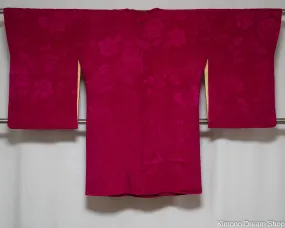 Purple Silk Michiyuki with Pocket - Vintage Kimono Haori - Japanese Jacket - Large Peonies Weaved into Fabric