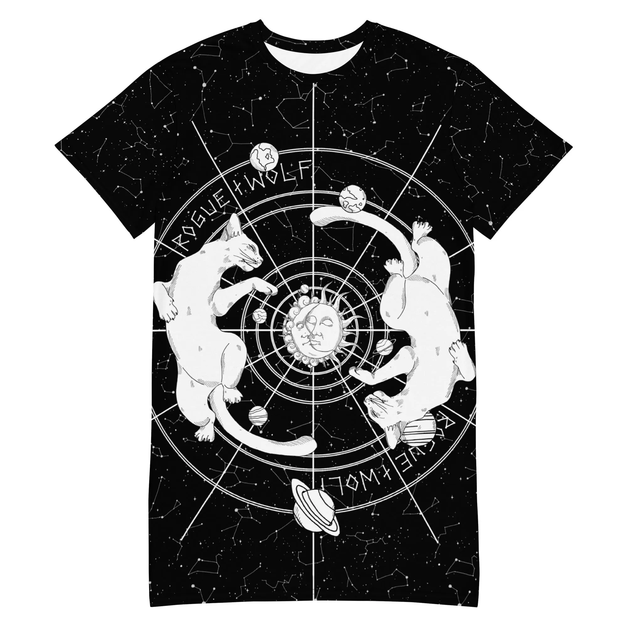Purr Nebula Tee Dress - Vegan Oversized T-shirt Witchy Alt Style Occult Grunge Aesthetic Unisex Goth Black Dress