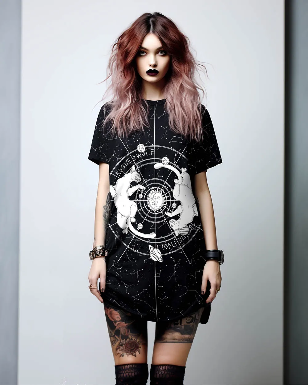 Purr Nebula Tee Dress - Vegan Oversized T-shirt Witchy Alt Style Occult Grunge Aesthetic Unisex Goth Black Dress