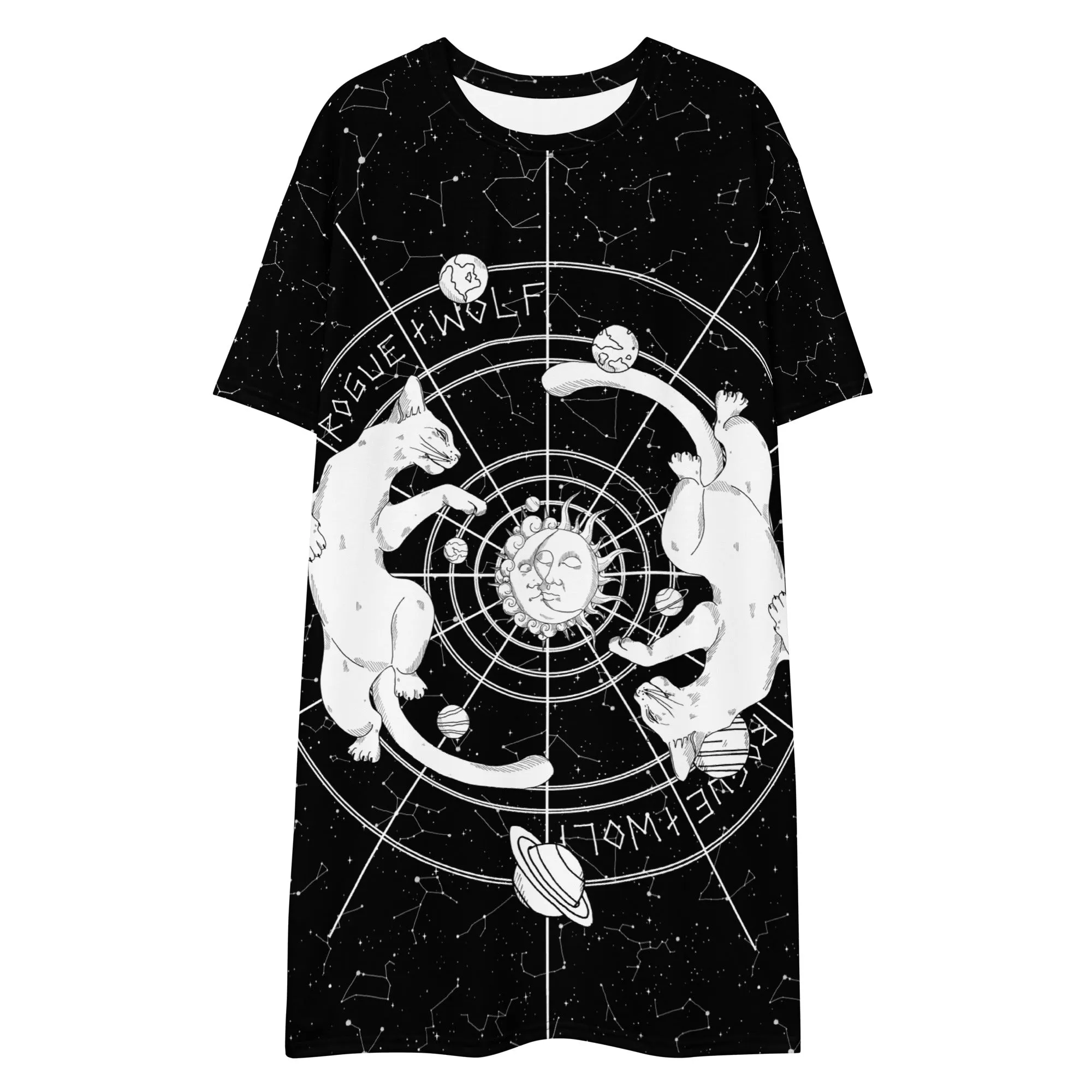 Purr Nebula Tee Dress - Vegan Oversized T-shirt Witchy Alt Style Occult Grunge Aesthetic Unisex Goth Black Dress