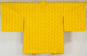 Red on Yellow Meisen Hemp Leaves Haori of Raw Silk - Vintage 1980s Dull Yellow Jacket for Women's Kimono - Asanoha