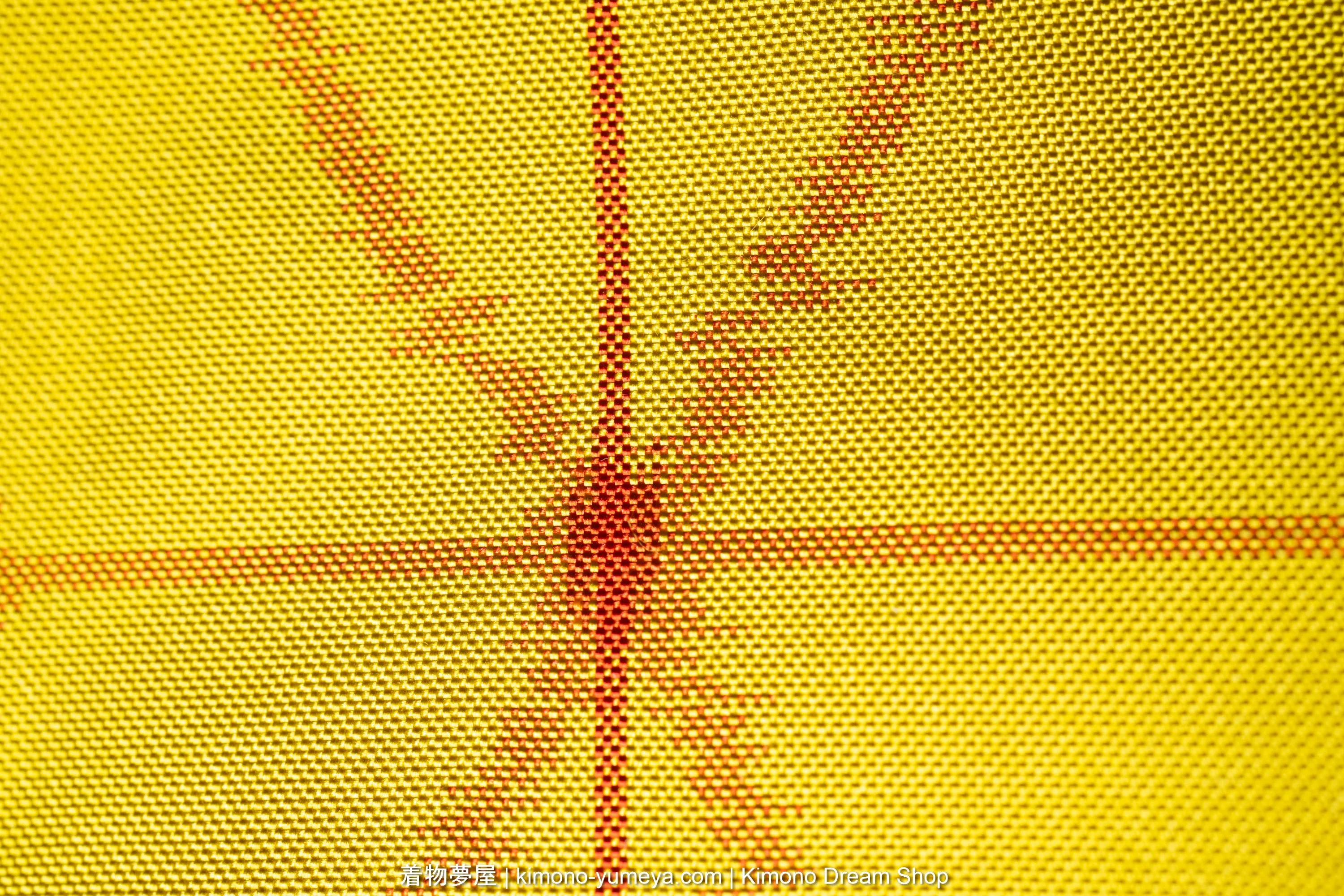 Red on Yellow Meisen Hemp Leaves Haori of Raw Silk - Vintage 1980s Dull Yellow Jacket for Women's Kimono - Asanoha