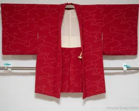 Red Silk Haori - Vintage Kimono Jacket - Made in Japan Import - Thin White Clouds Pattern
