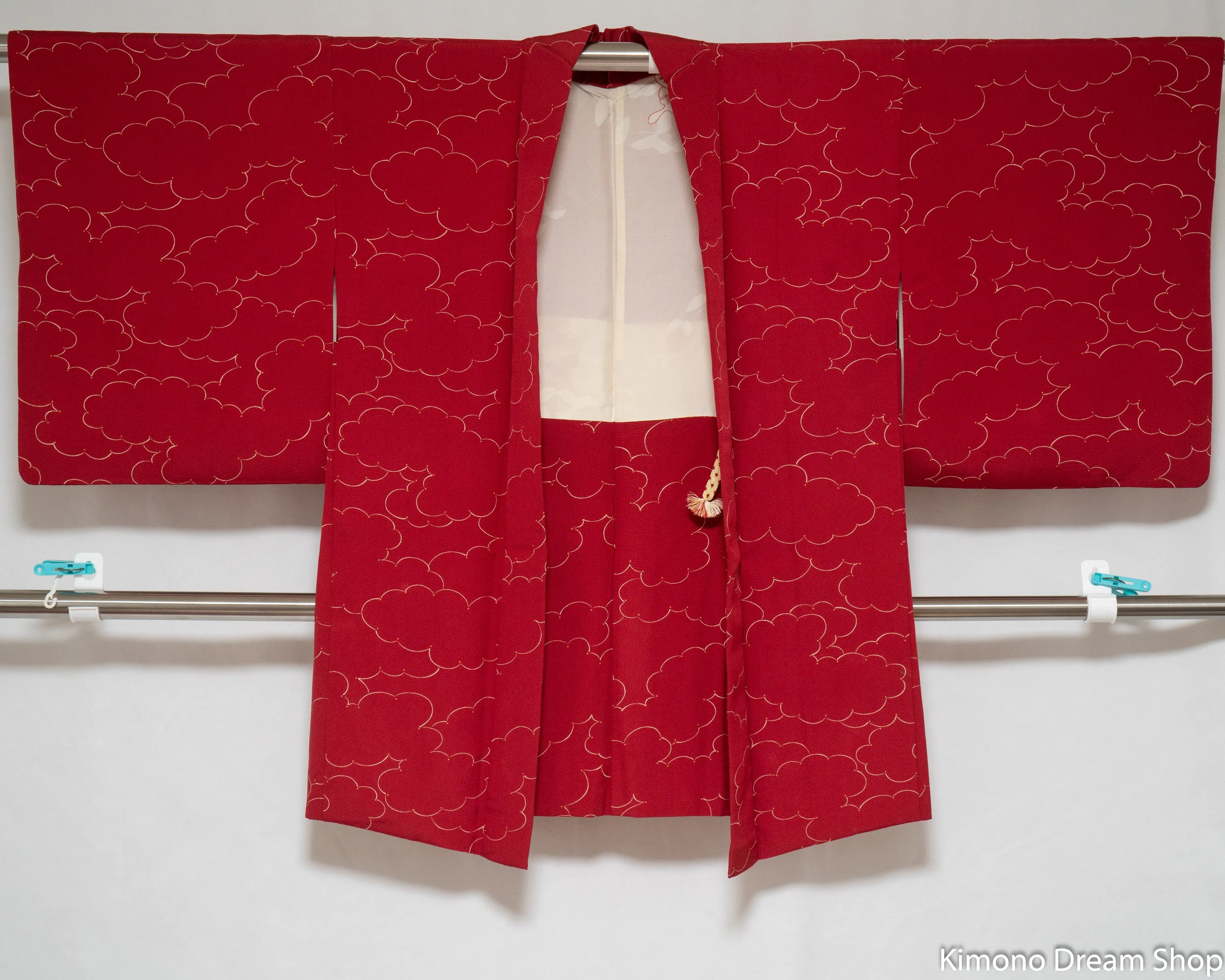 Red Silk Haori - Vintage Kimono Jacket - Made in Japan Import - Thin White Clouds Pattern