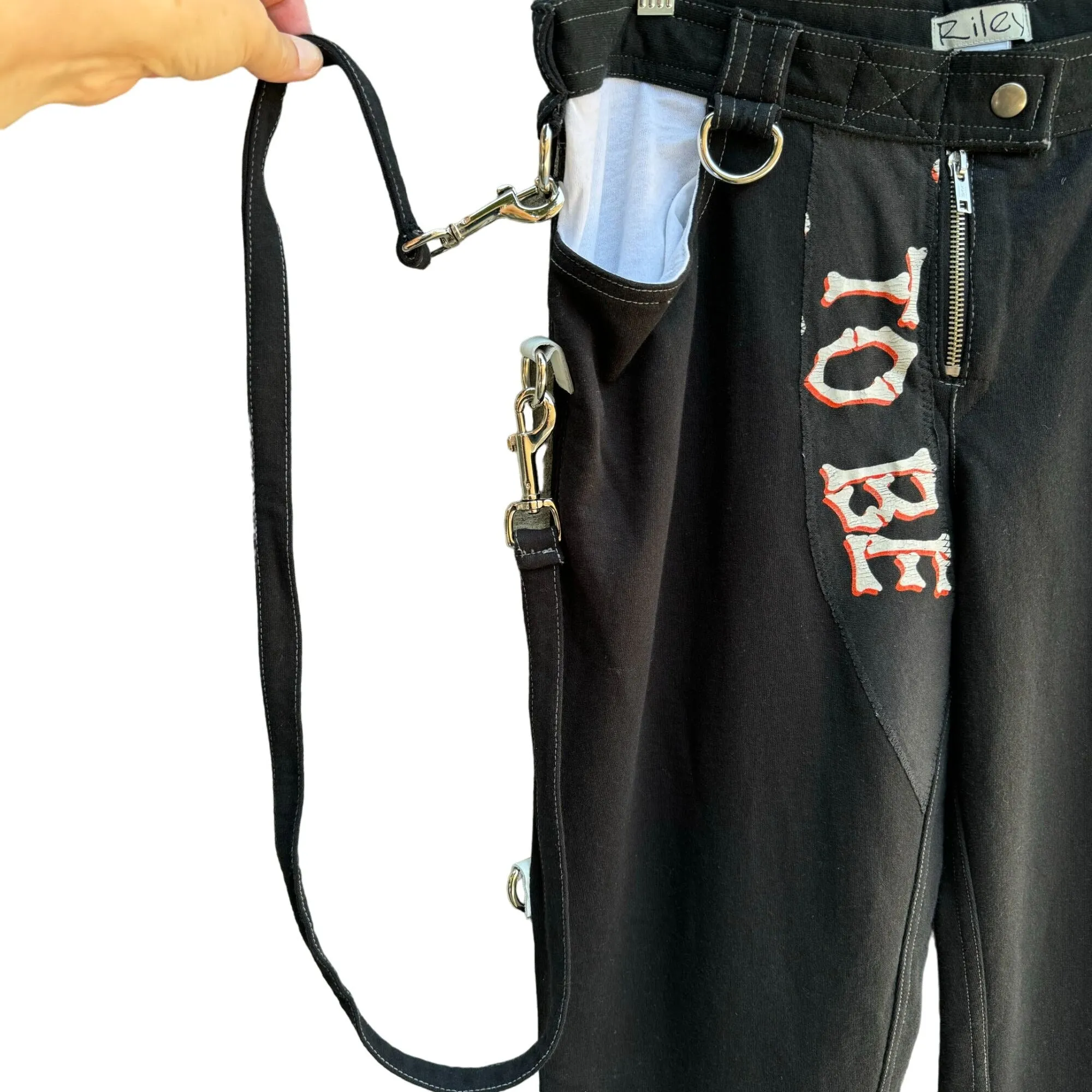 Riley Black Goth Punk Pants With Strap & D-Rings "To Be" Print Lion Wings Patch