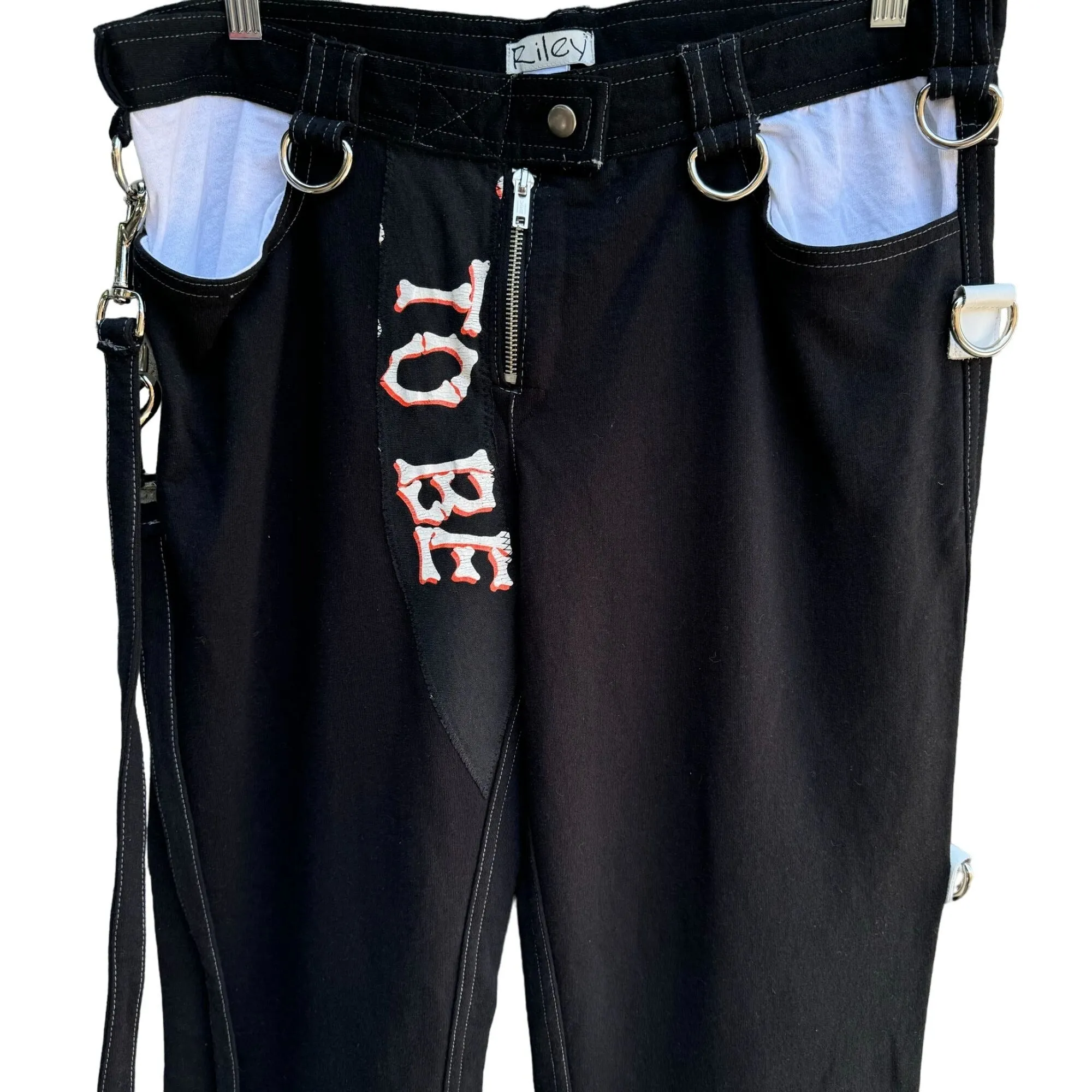 Riley Black Goth Punk Pants With Strap & D-Rings "To Be" Print Lion Wings Patch