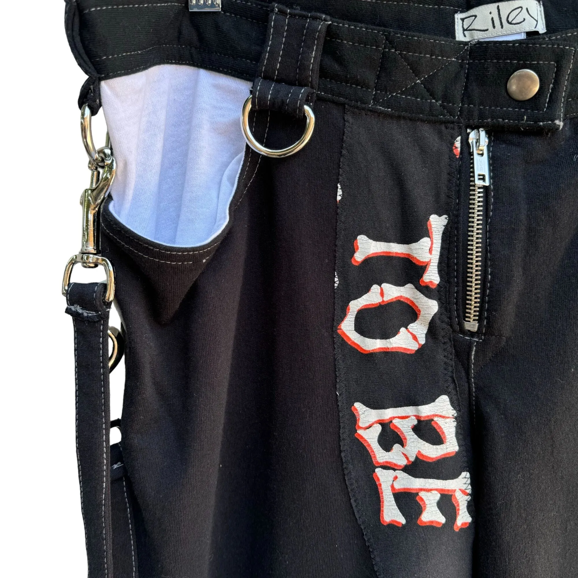 Riley Black Goth Punk Pants With Strap & D-Rings "To Be" Print Lion Wings Patch
