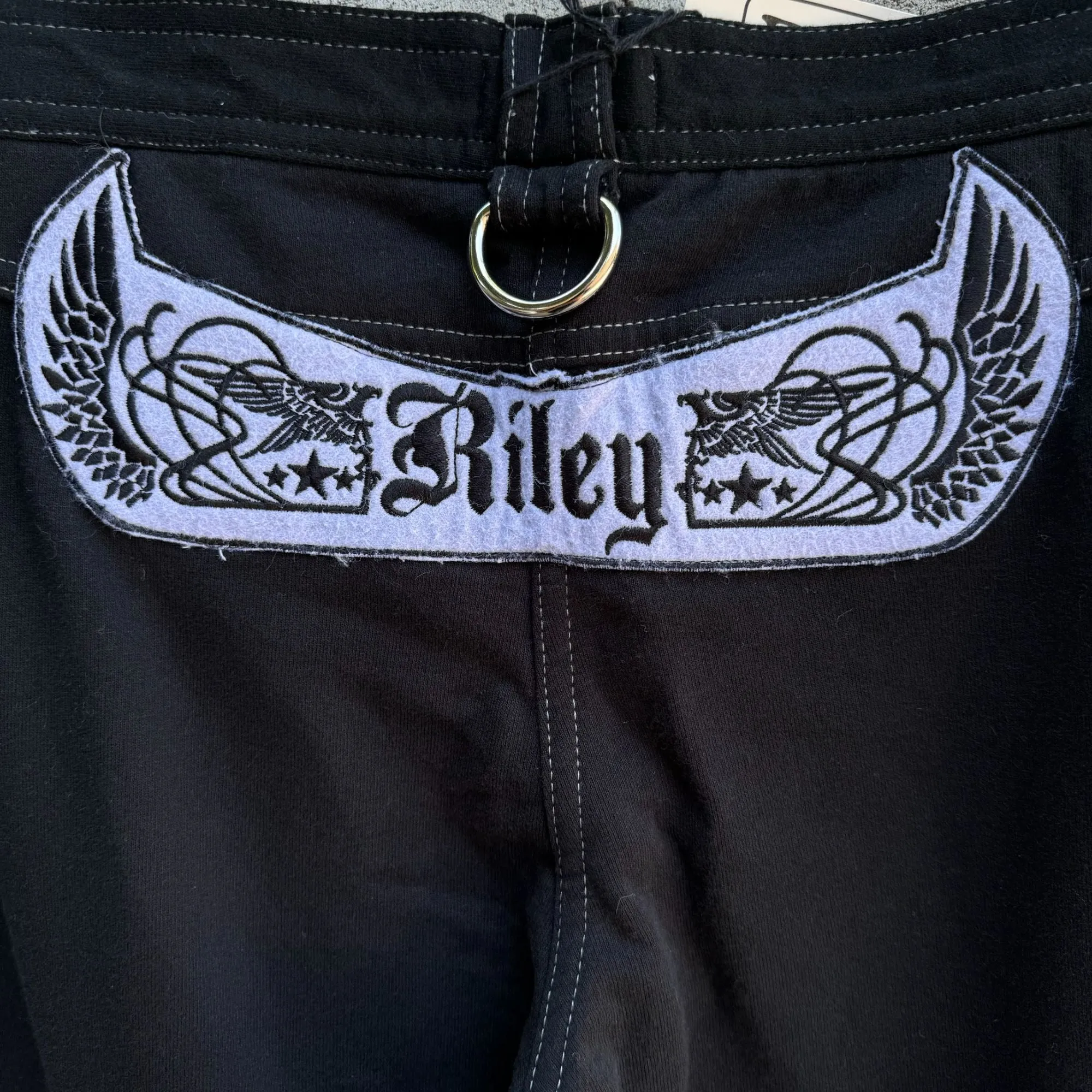 Riley Black Goth Punk Pants With Strap & D-Rings "To Be" Print Lion Wings Patch