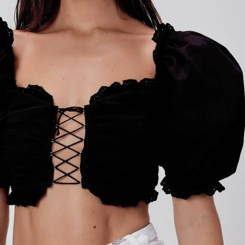 Sage Lace Up Crop Top Black