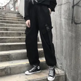 Sale Black Big Pockets Loose High Waist Retro Pants