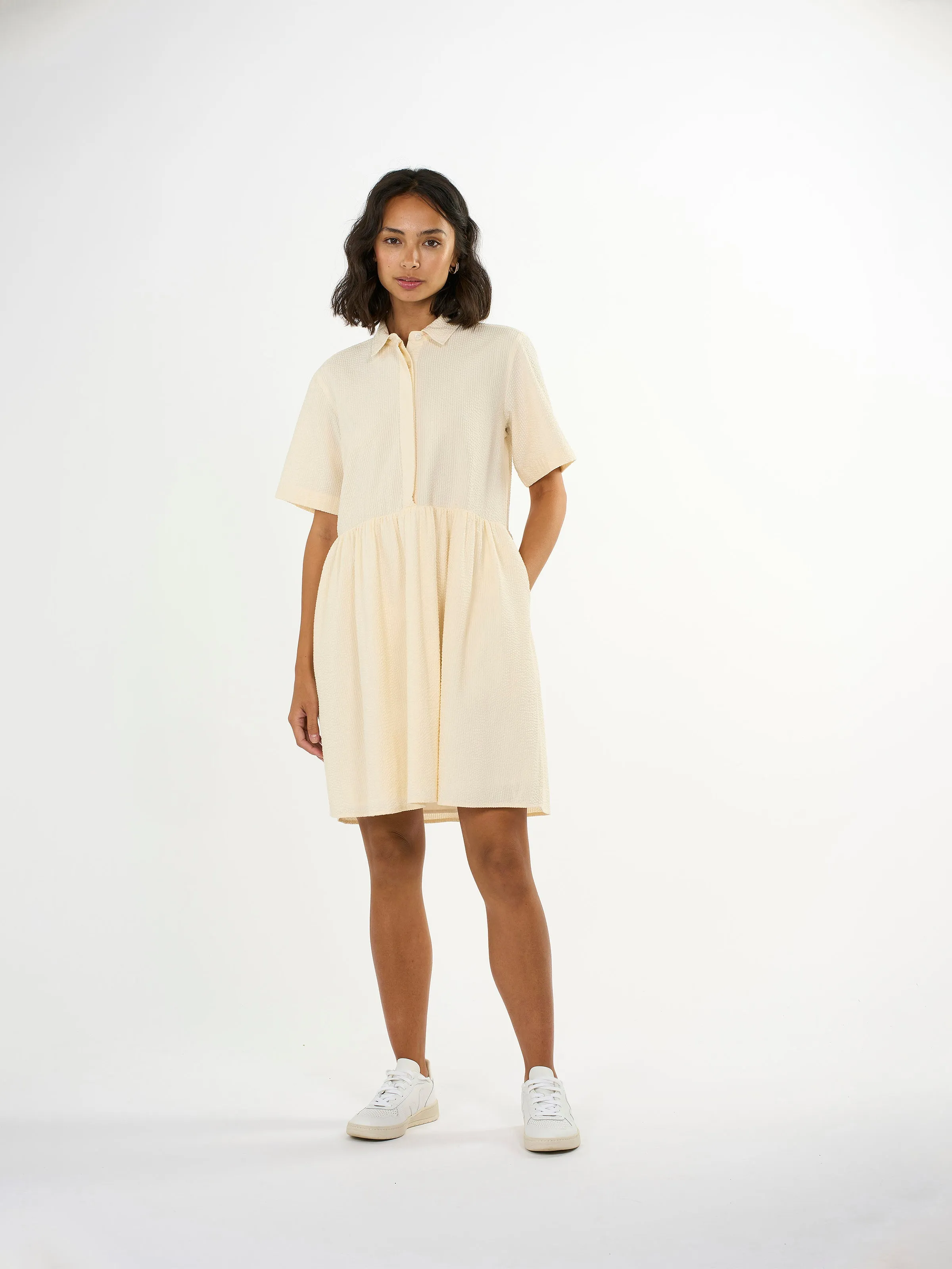 Seersucker short shirt dress - Buttercream