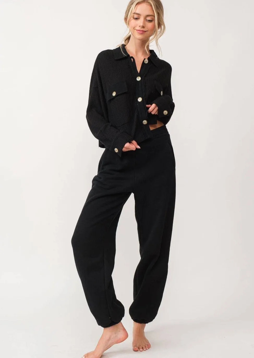 She's a Cozy Queen Cropped Waffle Knit Shacket Top