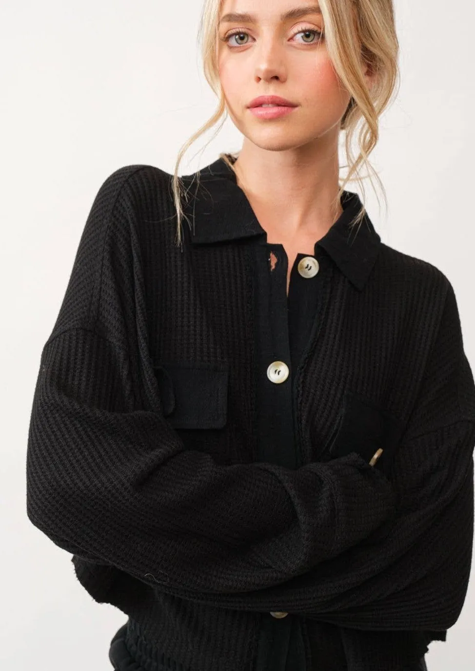 She's a Cozy Queen Cropped Waffle Knit Shacket Top