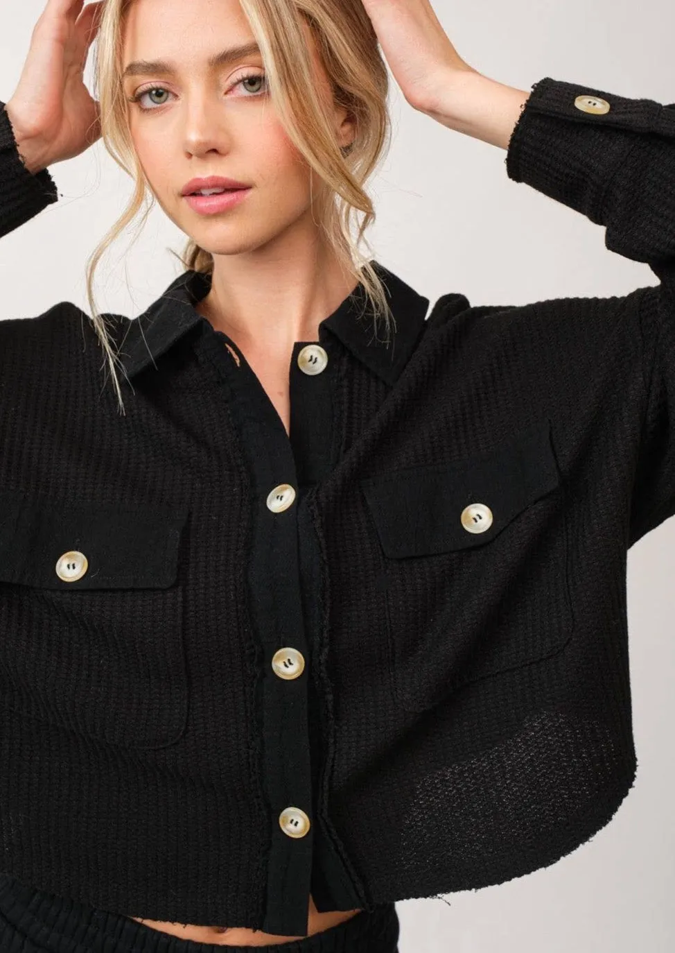 She's a Cozy Queen Cropped Waffle Knit Shacket Top