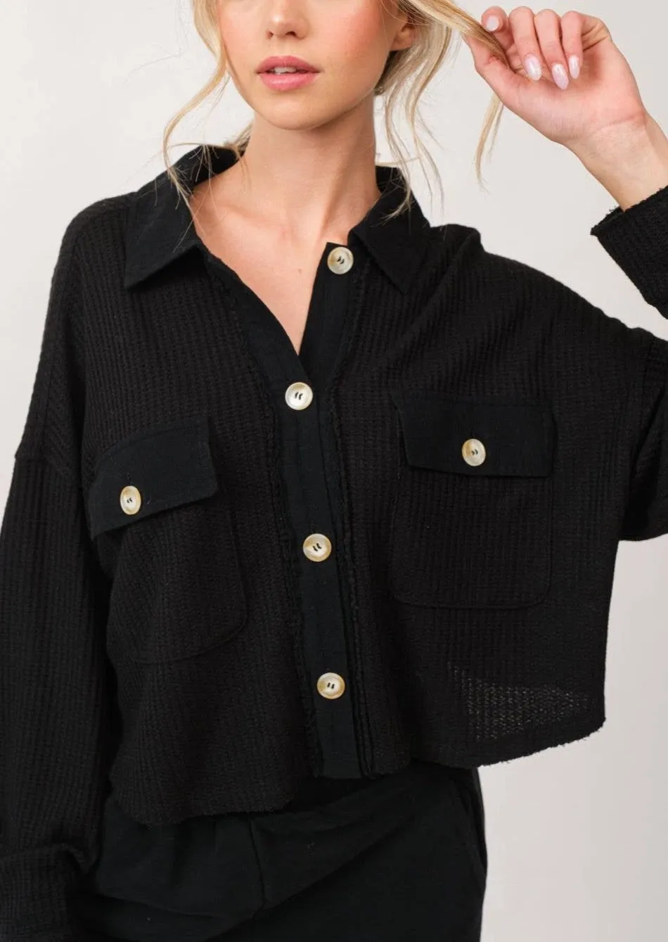 She's a Cozy Queen Cropped Waffle Knit Shacket Top