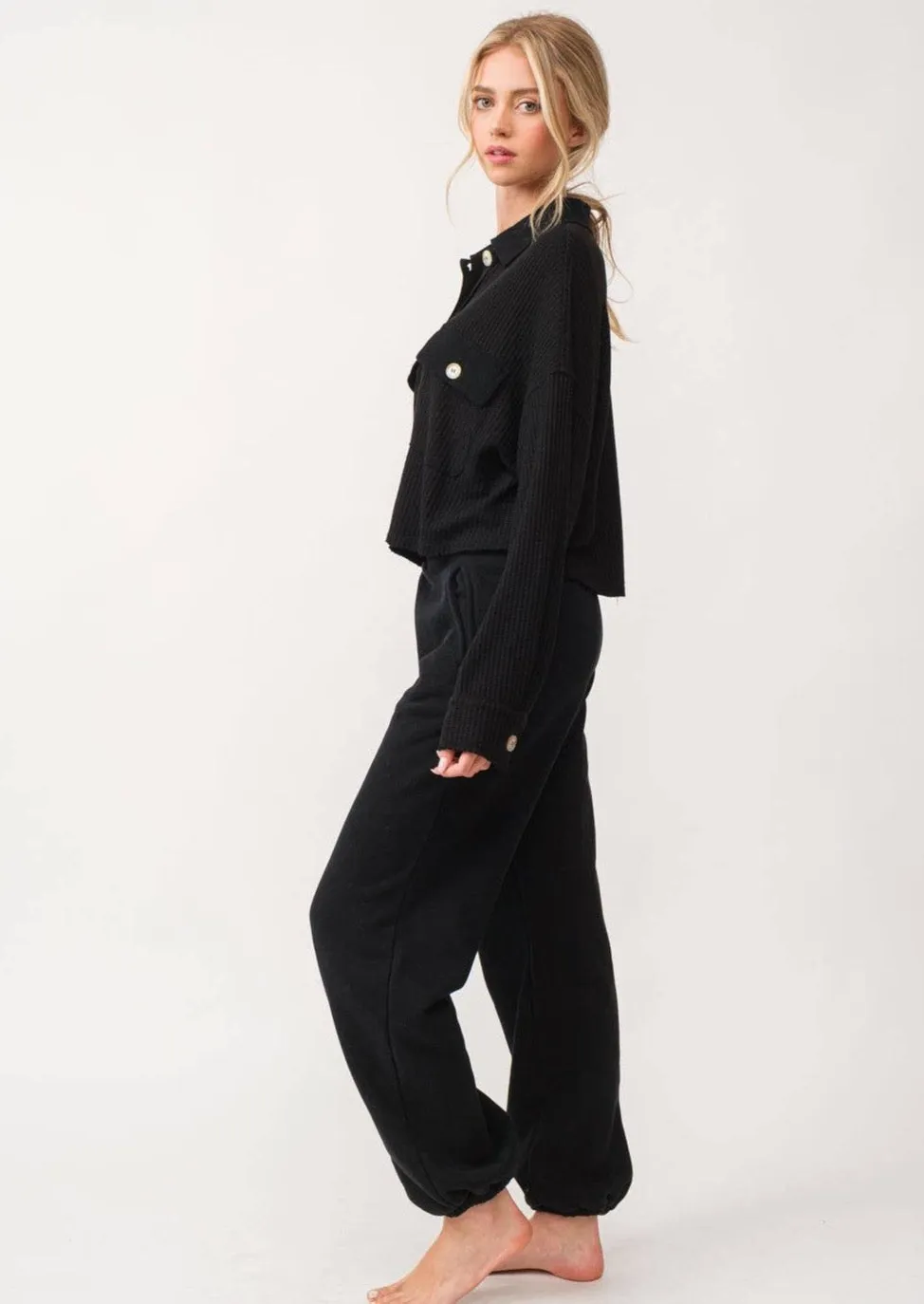 She's a Cozy Queen Cropped Waffle Knit Shacket Top