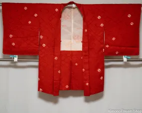 Shiny Unused Red Haori with Shibori Accenting - Vintage Silk Kimono Jacket - Hish Diamonds