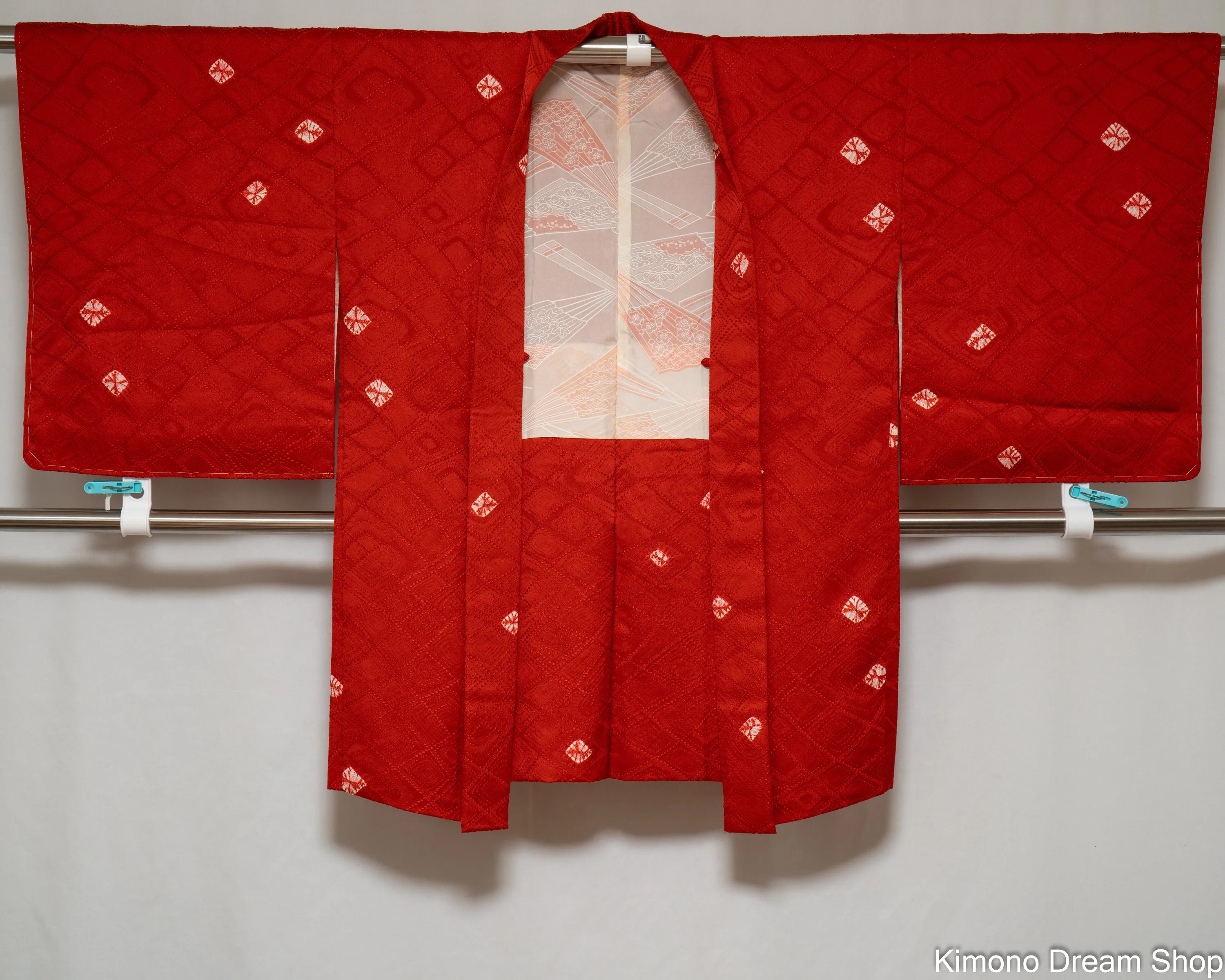 Shiny Unused Red Haori with Shibori Accenting - Vintage Silk Kimono Jacket - Hish Diamonds