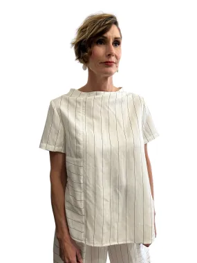 Short Sleeves Stripe Blouse Ivory/Black Wide Cut
