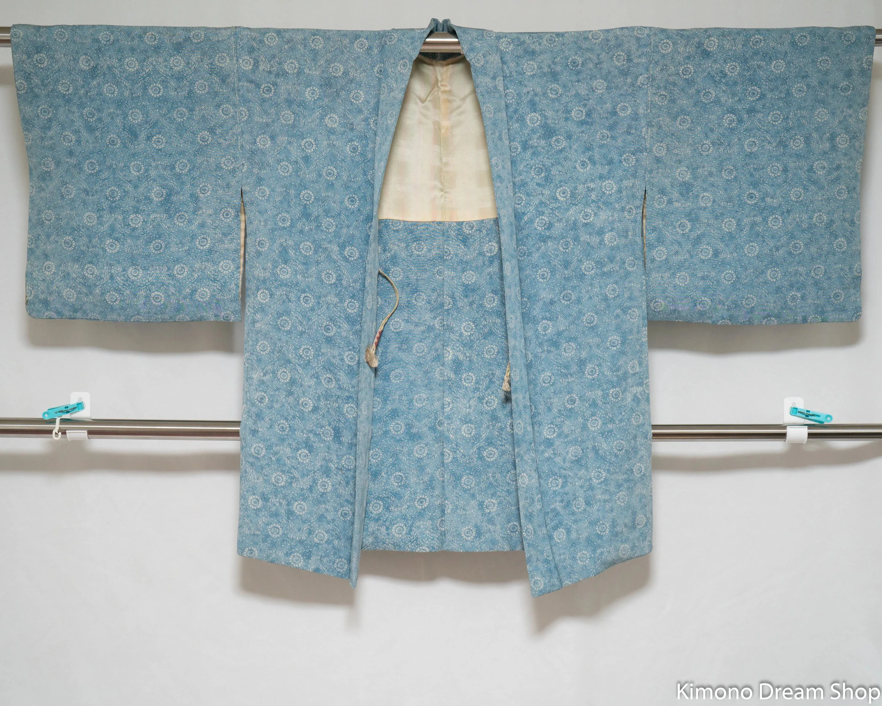 Silk Blue Haori - Vintage Japanese Fashion Kimono Jacket - Butterflies and Chrysanthemum Flowers Baby Blue - Small Patterns Komon