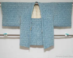 Silk Blue Haori - Vintage Japanese Fashion Kimono Jacket - Butterflies and Chrysanthemum Flowers Baby Blue - Small Patterns Komon