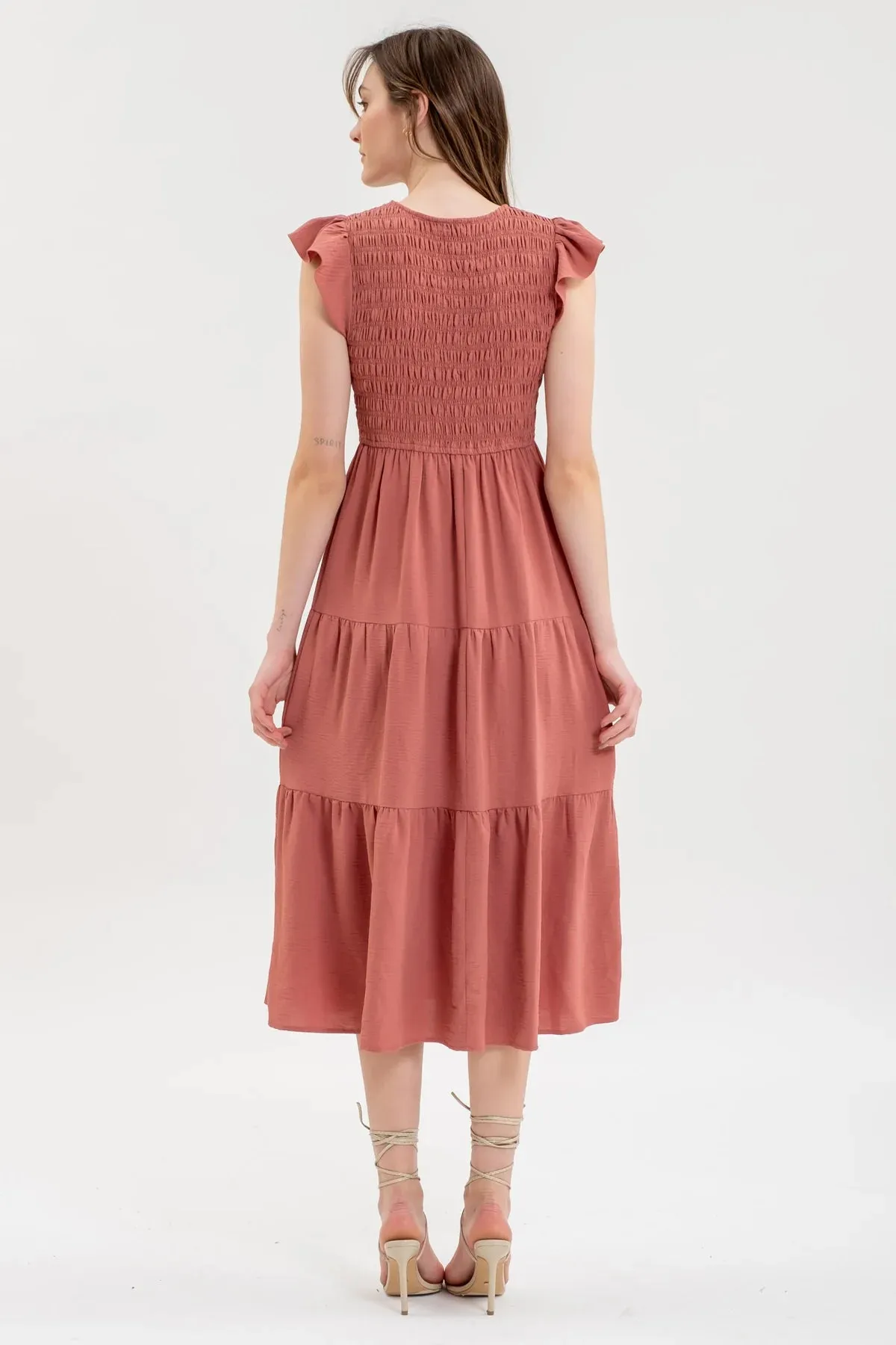 Smocked   Tiered Midi Dress - V neck