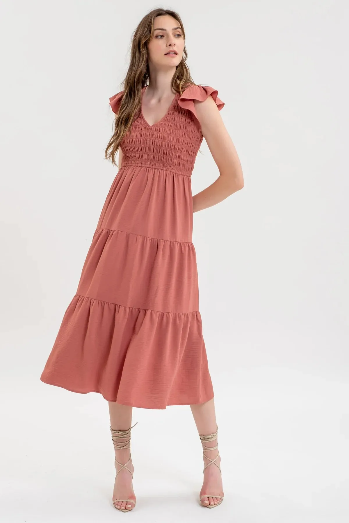 Smocked   Tiered Midi Dress - V neck