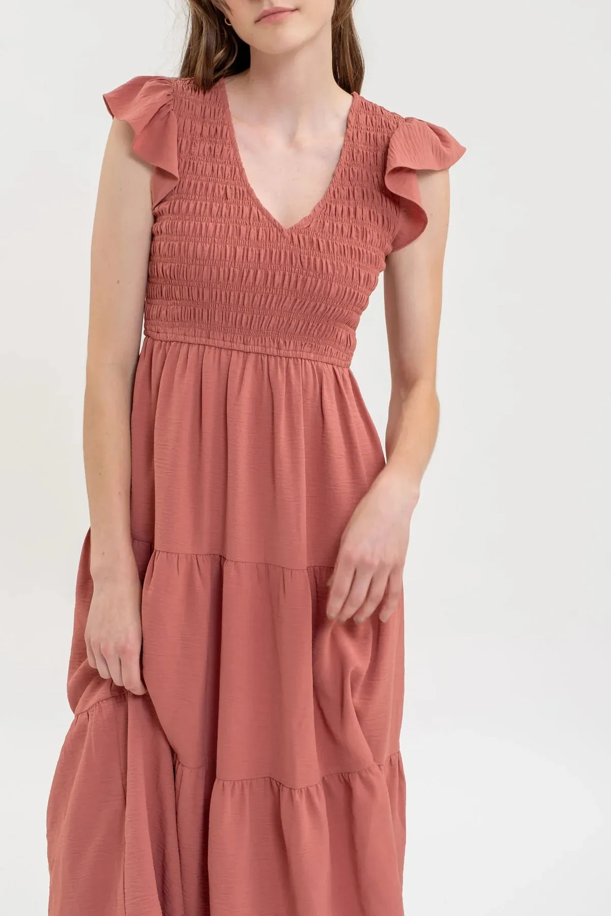 Smocked   Tiered Midi Dress - V neck