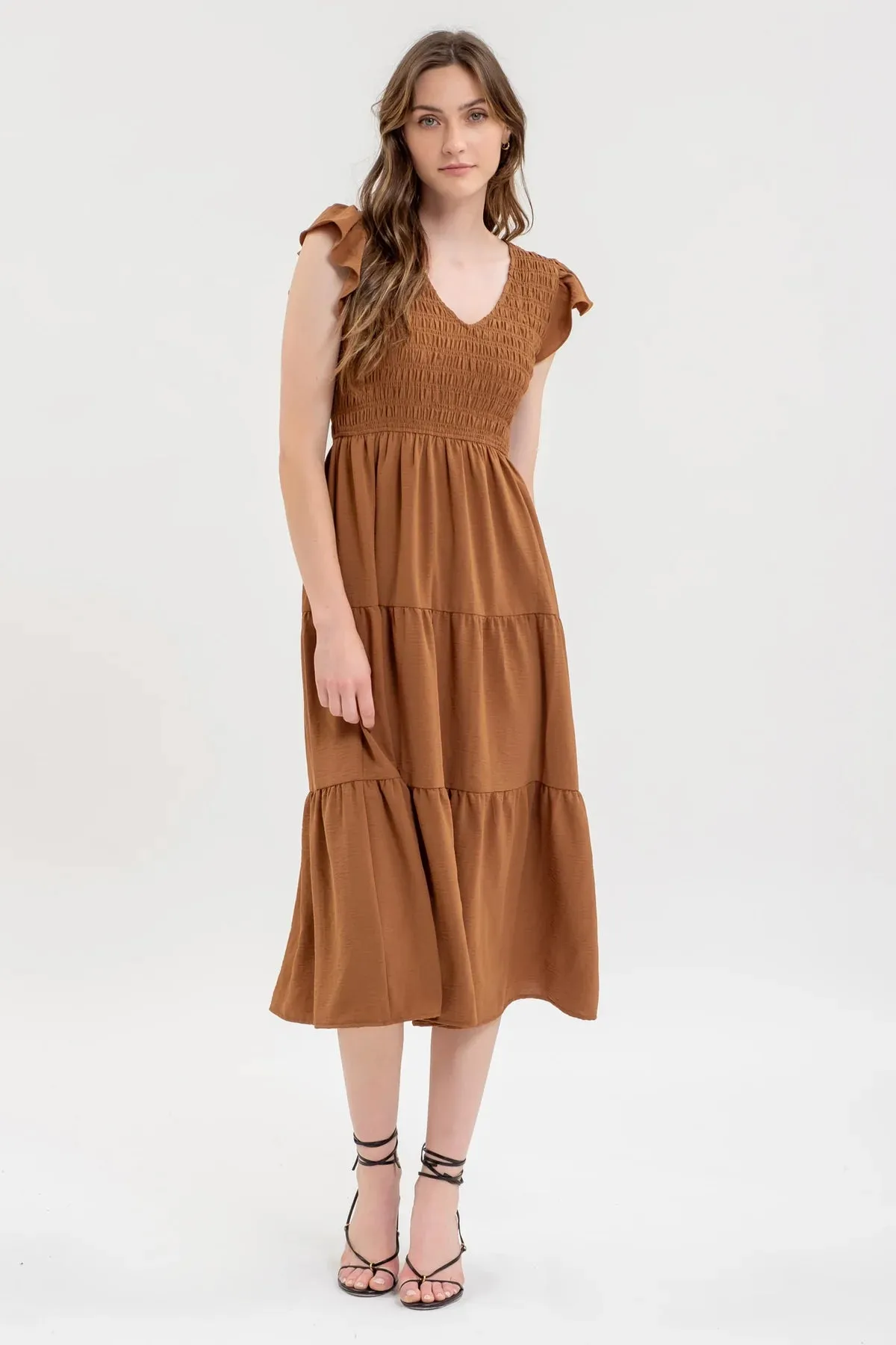 Smocked   Tiered Midi Dress - V neck