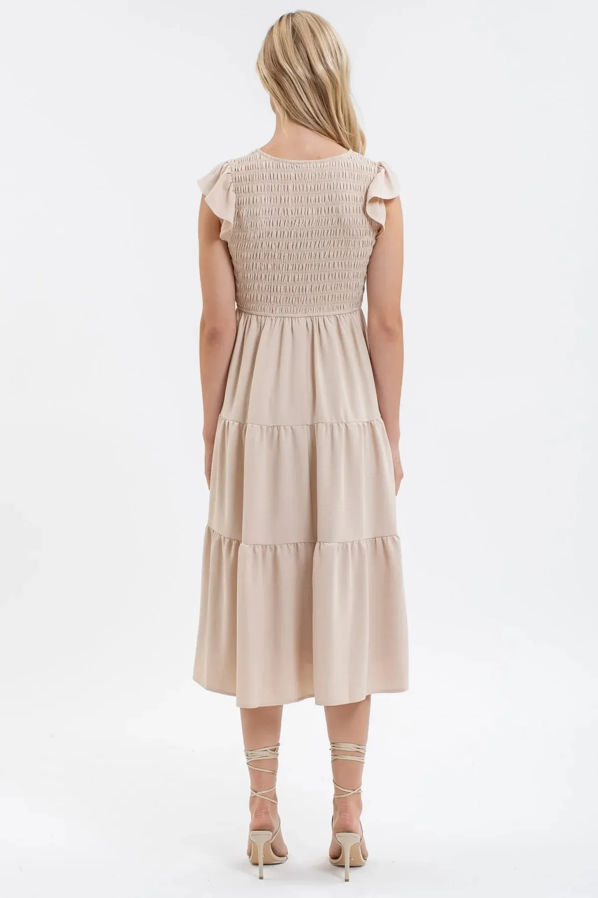 Smocked   Tiered Midi Dress - V neck