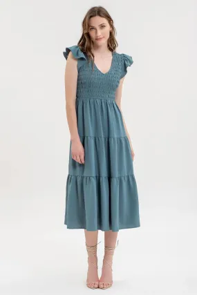Smocked   Tiered Midi Dress - V neck