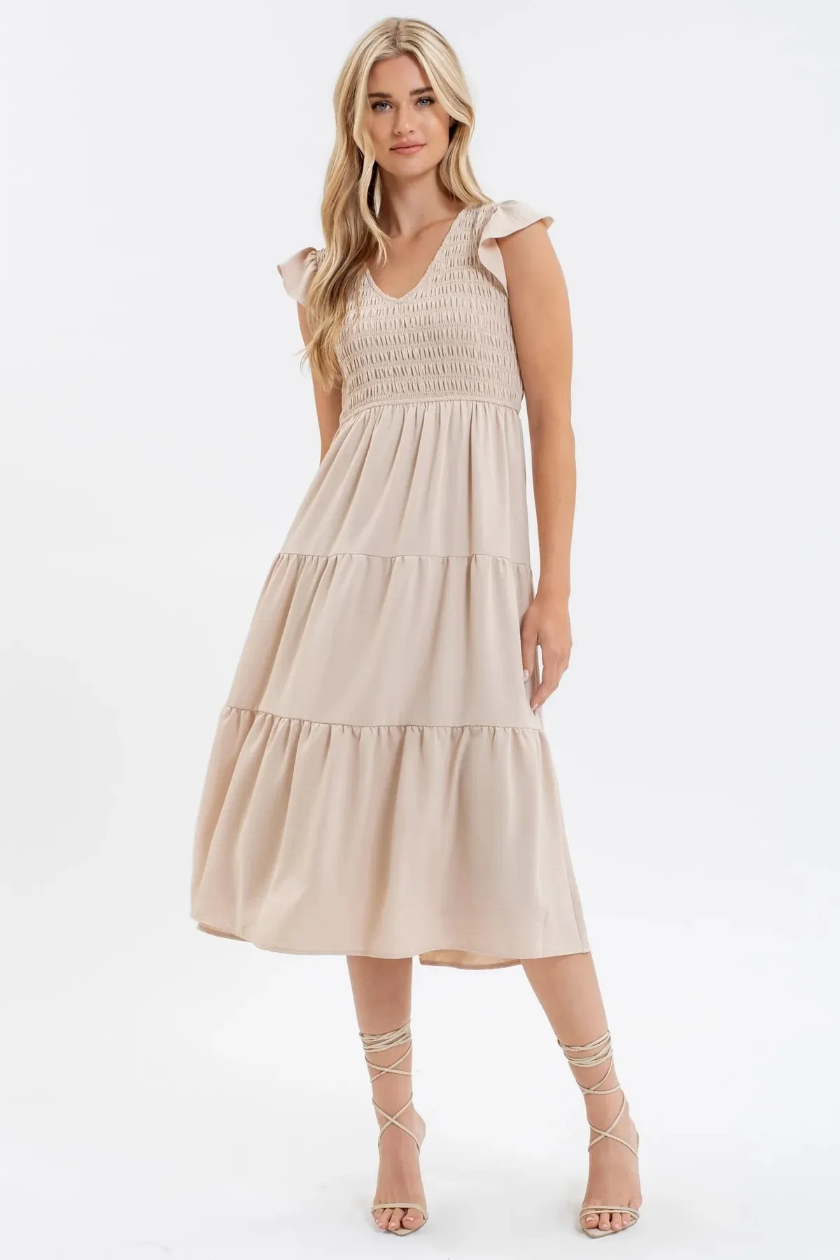 Smocked   Tiered Midi Dress - V neck