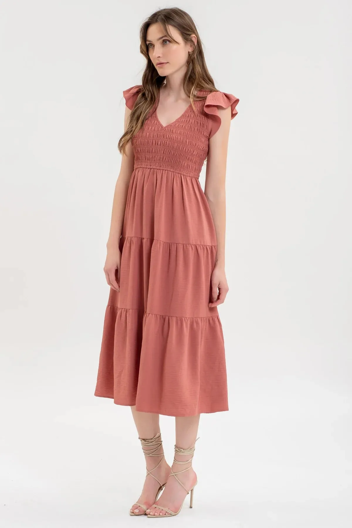 Smocked   Tiered Midi Dress - V neck