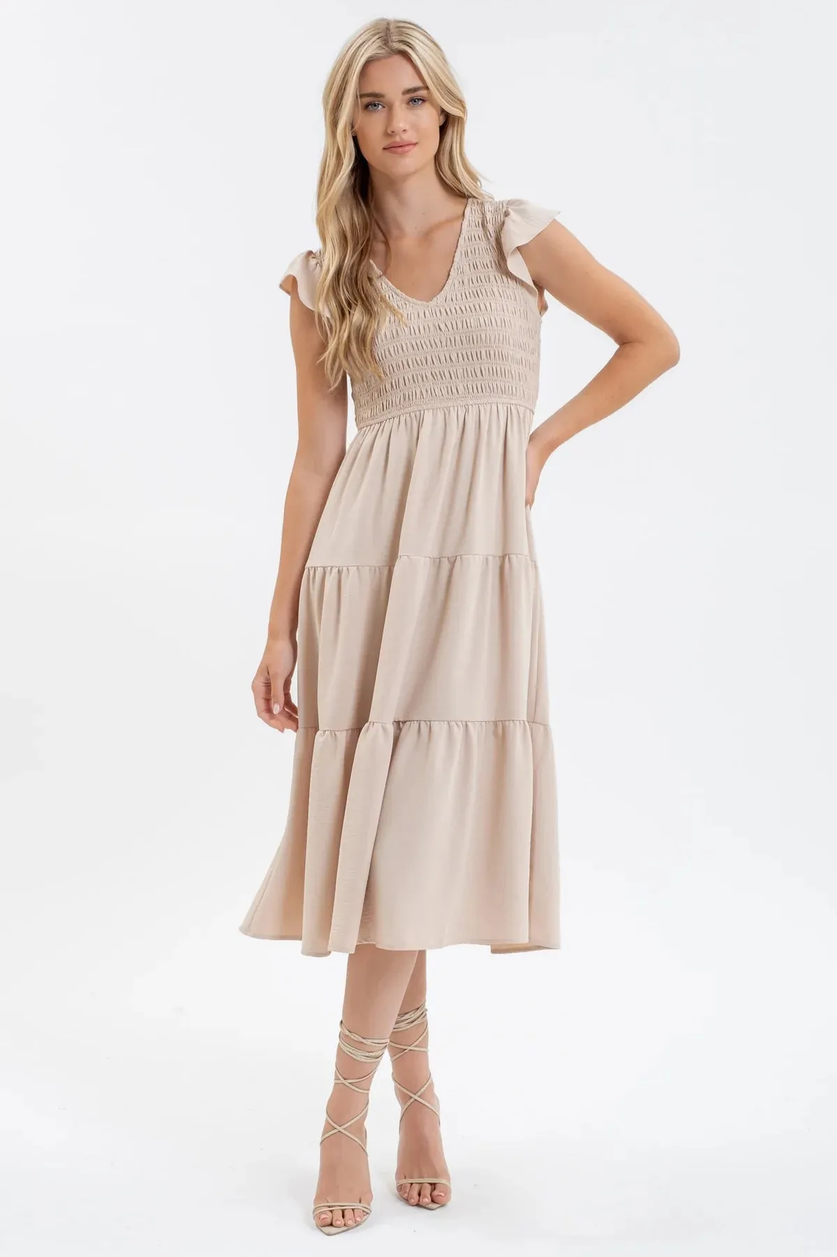 Smocked   Tiered Midi Dress - V neck