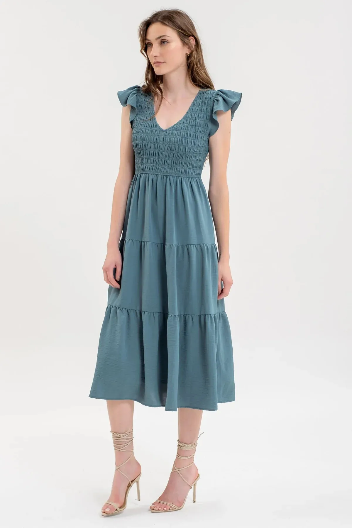 Smocked   Tiered Midi Dress - V neck