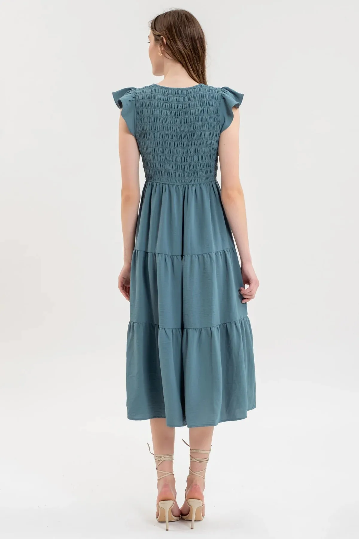 Smocked   Tiered Midi Dress - V neck