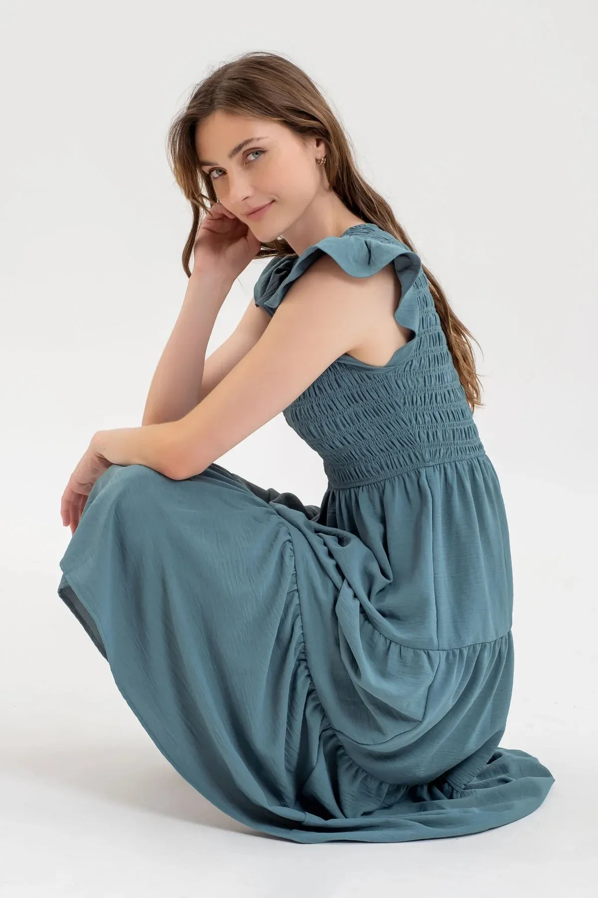 Smocked   Tiered Midi Dress - V neck
