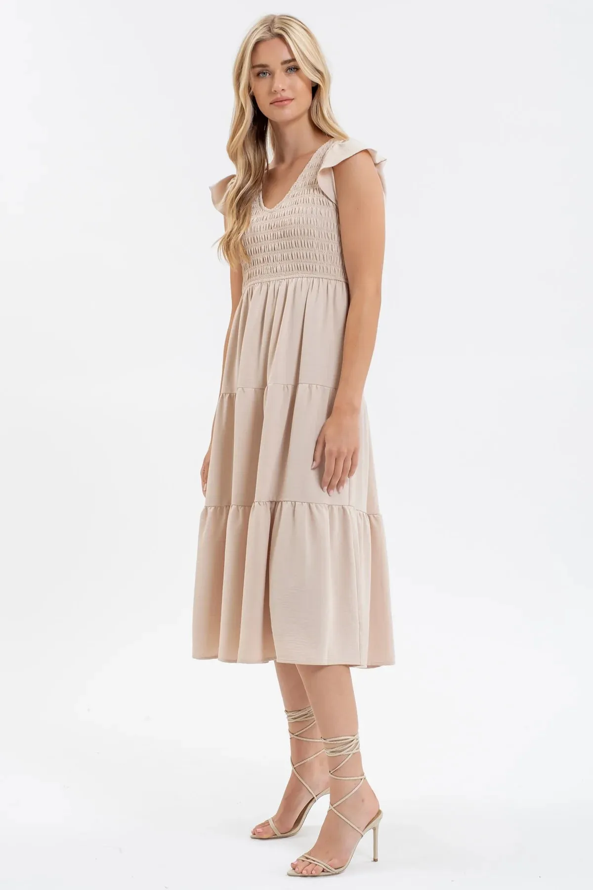 Smocked   Tiered Midi Dress - V neck