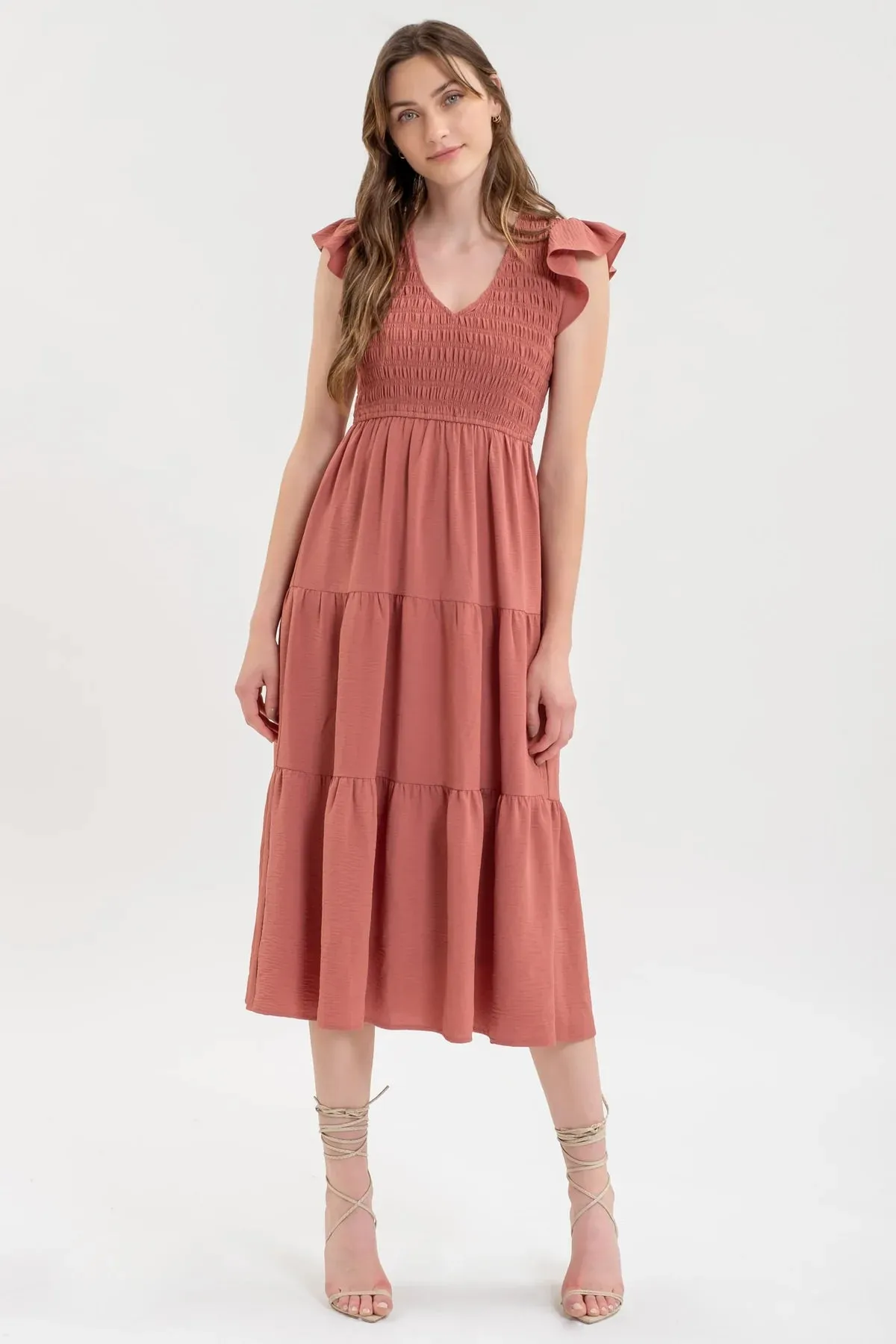 Smocked   Tiered Midi Dress - V neck
