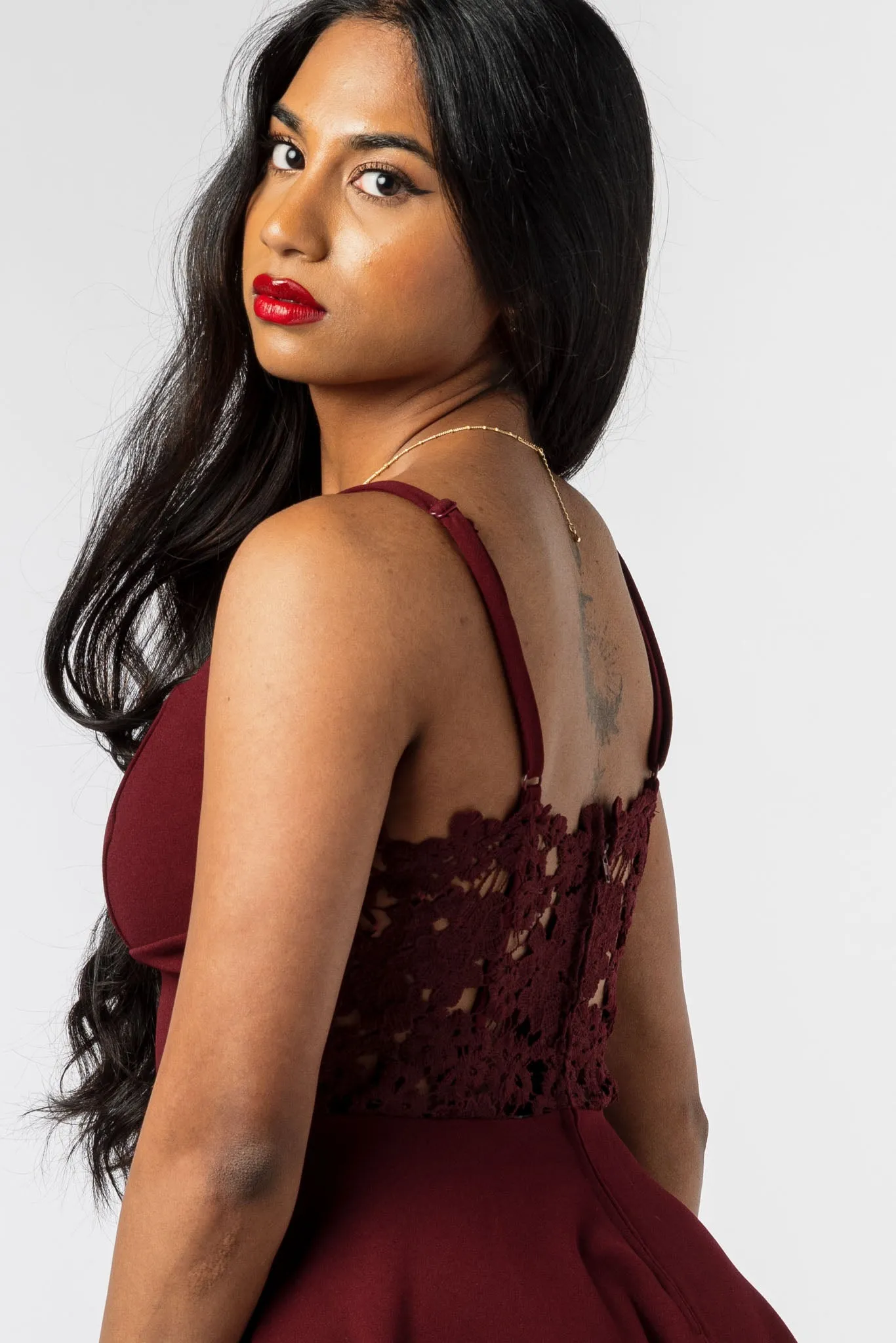 Spaghetti Strap Skater Dress with Lace Back